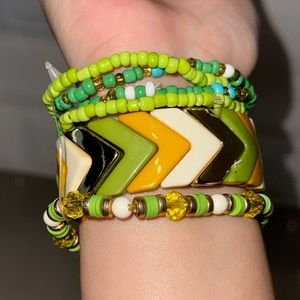 Multicolor Stretchy Green Gold Beads Bracelet | One Size | 6 Bracelets